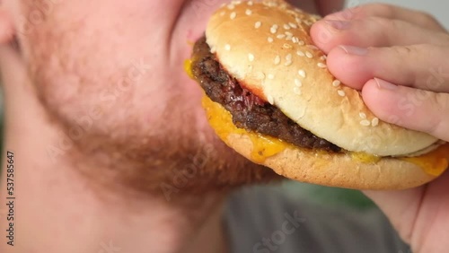 The man bites and chews a double cheeseburger. A man eats fast food. Unhealthy diet, bad habits.