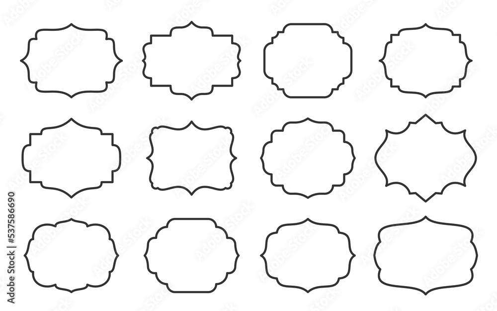 Fototapeta premium Label set, different shape, line style. Contour frame for text about product, sale info, certificate, blank, card. Empty sticker template for jar, container, bottle, pack. Outline retro border design