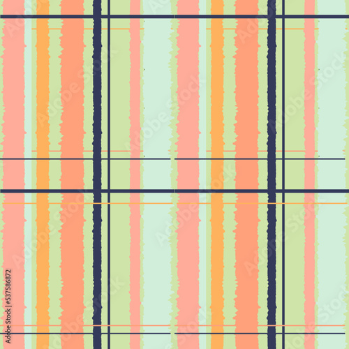 Checkered fabric vector pattern. Plaid, stripes texture, ornament. Pink, orange, green colors. Simple textile design. Wallpaper, wrapping paper.