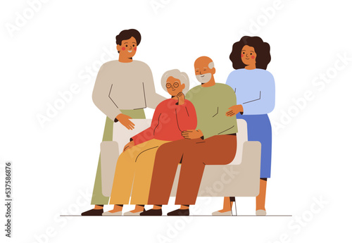 Senior parents and their adult children have come together. Two generations: father, mother and their son with his wife hold hands and embrace. Concept of family support and care. Vector illustration