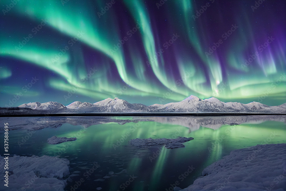 aurora borealis reflection oversea snowy mountains