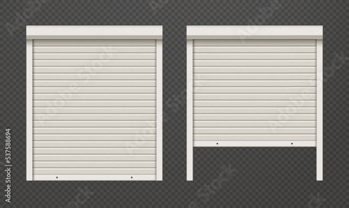 White closed and ajar roller garage shutter door with realistic texture mockup. Metal protect system for shops and stores. Vector illustration of steel gate of house or warehouse. Roller up blinds.