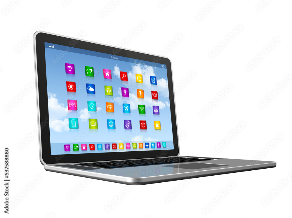 3D Laptop Computer - apps icons interface - isolated on transparent background 3D Laptop Computer - apps icons interface - isolated on transparent background