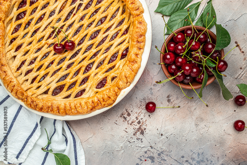 Delicious Homemade Cherry Pie, Flaky Crust, piece on a plate and the whole homemade cherry pie, Long banner format. top view