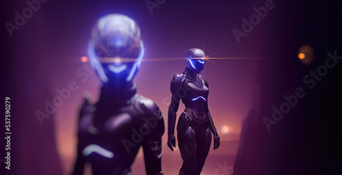 Sci-fi robotic girls. Gynoid working in futuristic environment. Female robot in virtual space 3d render. © Nokhoog