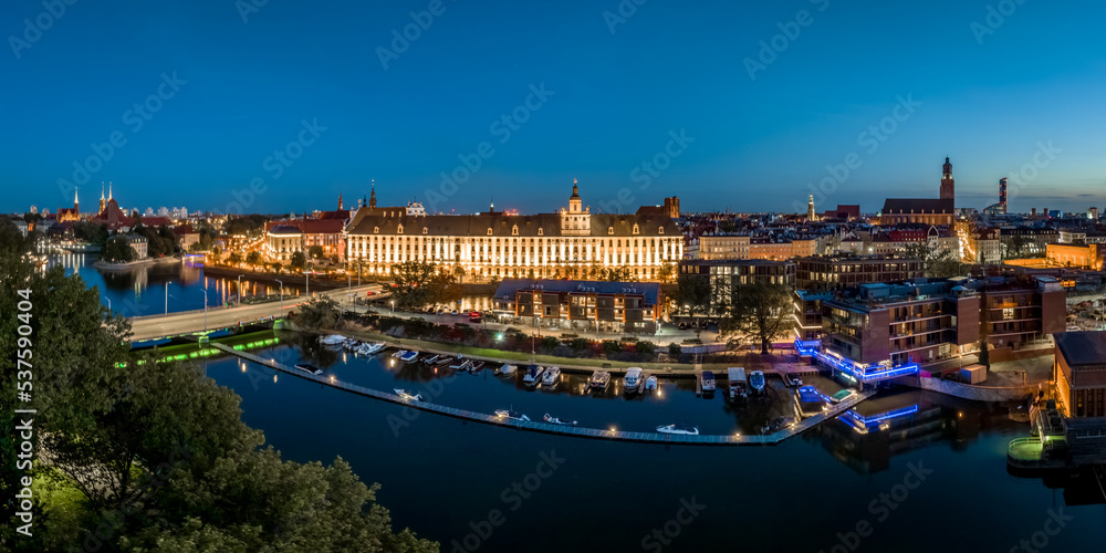 Marina in Wroclaw, Poland at night aerial panorama.