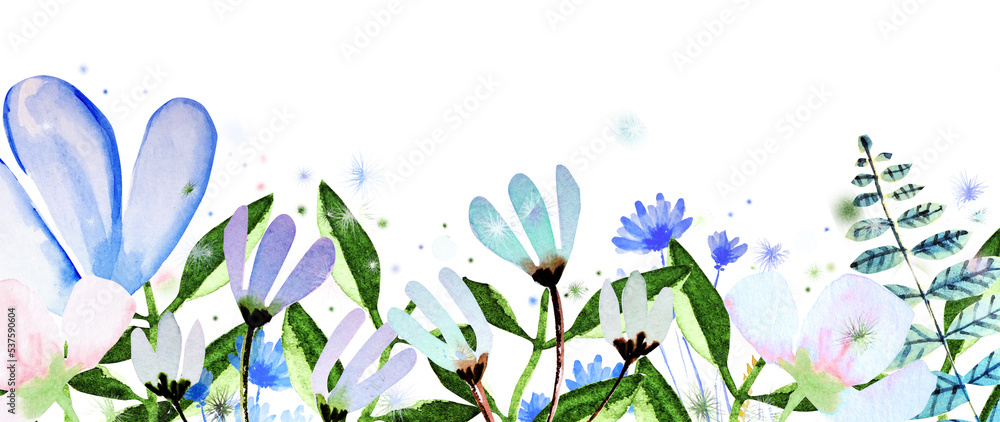 Banner con delicati fiori pastello azzurri e rosa, illustrazione isolata su sfondo bianco