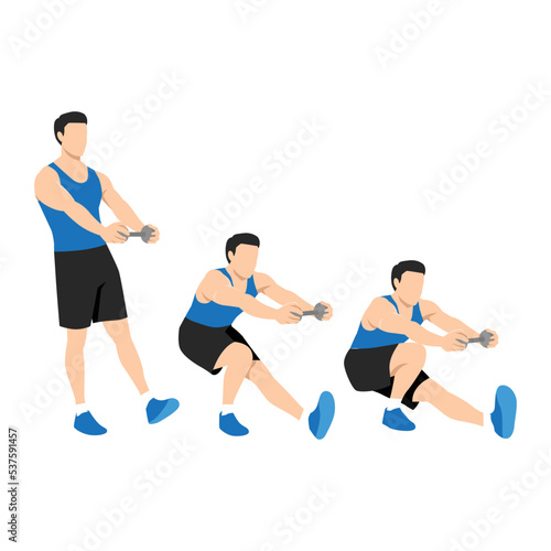 Man doing Single leg dumbbell squat. Pistol squats exercise. Flat vector illustration isolated on white background. Workout character set