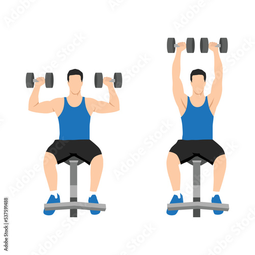 Man doing Seated Dumbbell overhead shoulder press . Top body workout. Upper body exercises. Flat vector illustration isolated on white background