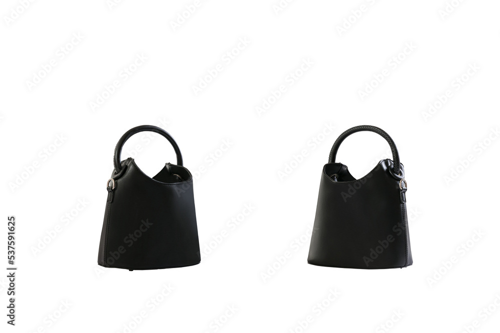 Beautiful black leather female fashion bag with transparent background, front view