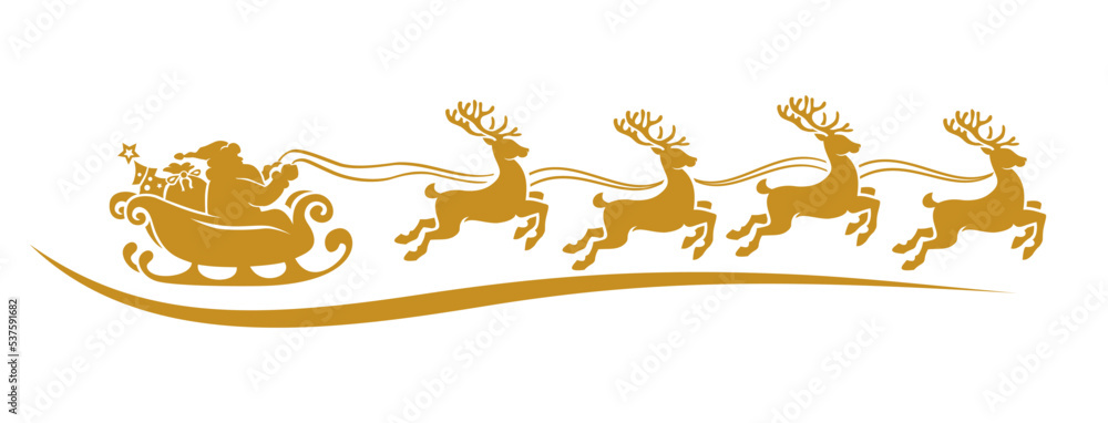 Silhouette of Santa Claus riding in a sleigh with reindeer. Vector on ...