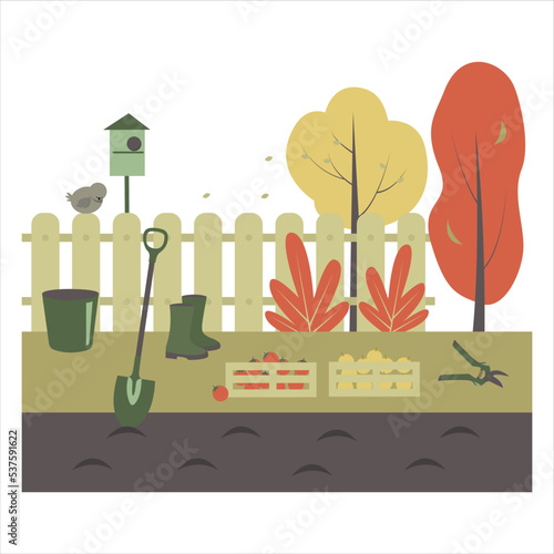  Gardening and harvesting. Autumn. Vector illustration. 