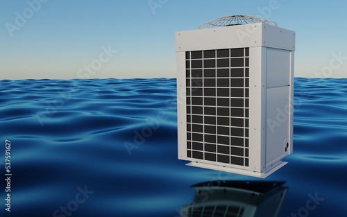 outdoor vrv unit air conditioner over blue water 3d photo