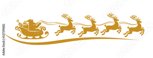 Silhouette of Santa Claus riding in a sleigh with reindeer. Vector on transparent background