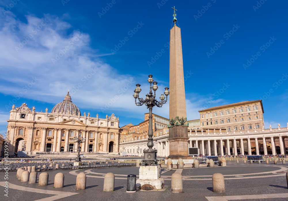 St. Peter's basilica and Egyptian obelisk on St. Peter's square in Vatican, center of Rome, Italy