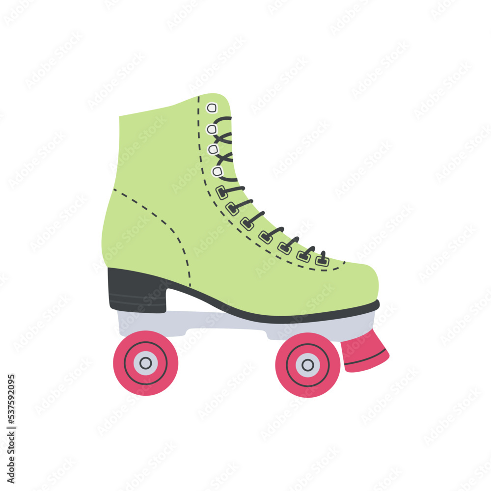 Vektorová grafika „Green roller skate, vintage quad skates. Girls wearing  retro fashion style from 70s 80s . Sport and disco. Cute vector  illustrations in trendy pastel colors. Hand drawn comic rollerblades.“ ze