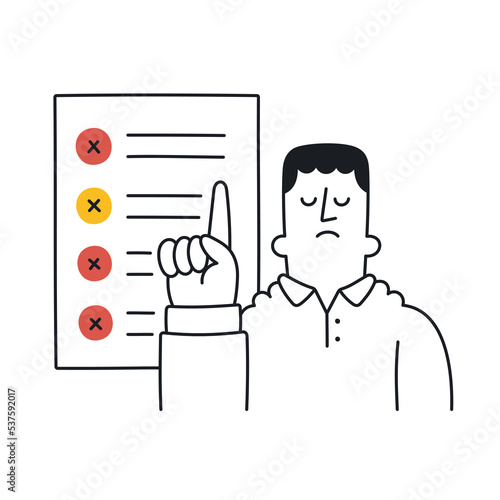 Upset man pointing to to-do list with checkboxes. Unfinished task, job not done. Outline, linear, thin line, doodle art. Simple style with editable stroke.
