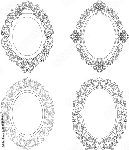 Set of vintage oval graphical framed in antique style. Vector.	
