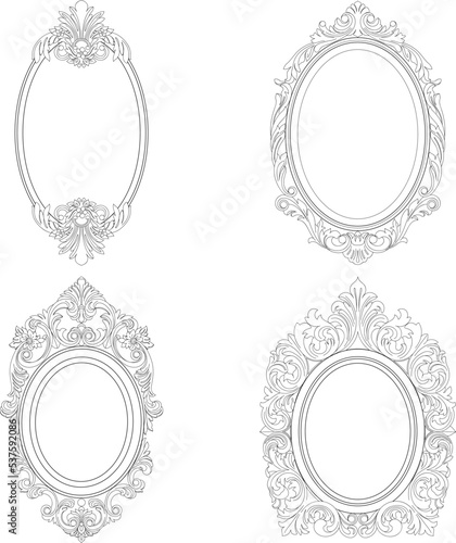 Set of vintage oval graphical framed in antique style. Vector.	
