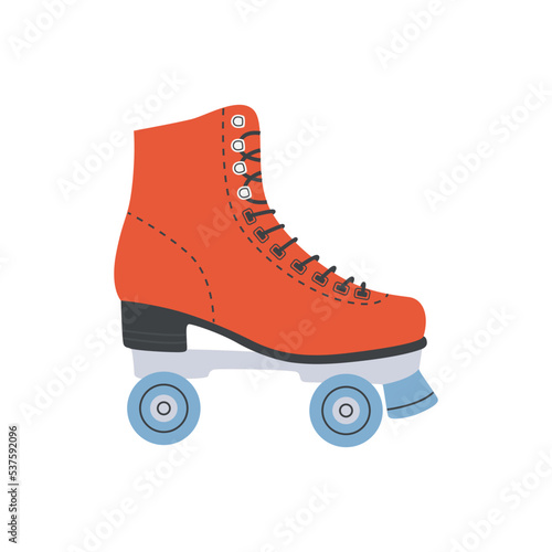 Red roller skate, vintage quad skates. Girls wearing retro fashion style from 70s 80s . Sport and disco. Cute vector illustrations in trendy pastel colors. Hand drawn comic rollerblades.