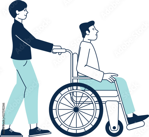 Person pushing wheelchair with patient. Disabled man lifestyle