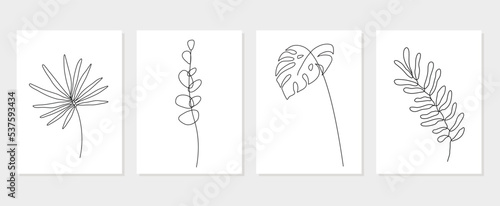 Vector set of hand drawn line tropical monstera, eucalyptus leaves illustrations, wall art minimalist floral plants prints, home decor posters, Mid Century Modern logo design elements