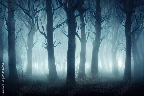 Foto Dark tree silhuettes in enchanted forest at night, fog and mysterious glow, gene
