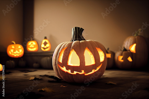 Carved pumpkins in the dark. Spooky Halloween concept.Digital art