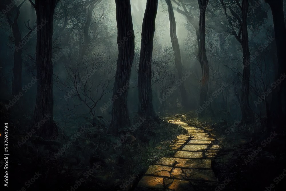 Mysterious glowing path in dark forest at night, scary fairy tale atmosphere, generative AI illustration
