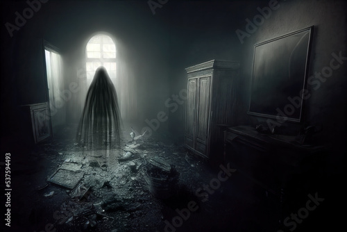 Fotografia Dark semi transparent ghost figure in abandoned room, moonlit haunted house inte