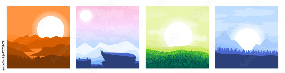 Collection Nature vector background, landscape with mountains and sun. Panorama of mountains, wilderness, sands, valley on sunset or sunrise.