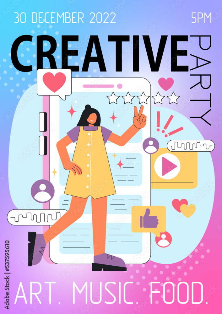 Poster creative party. Girl, social networks. Flat style, Vector. Poster creative party. Girl, social networks. Flat style, Vector.