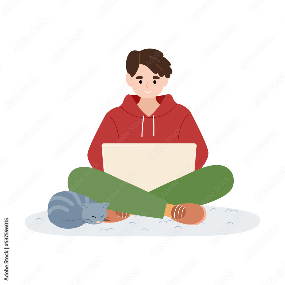 Man wearing warm winter clothes working at the laptop at home. Work from home, freelance. Cute cat. Vector illustration. Man wearing warm winter clothes working at the laptop at home. Work from home, freelance. Cute cat. Vector illustration.