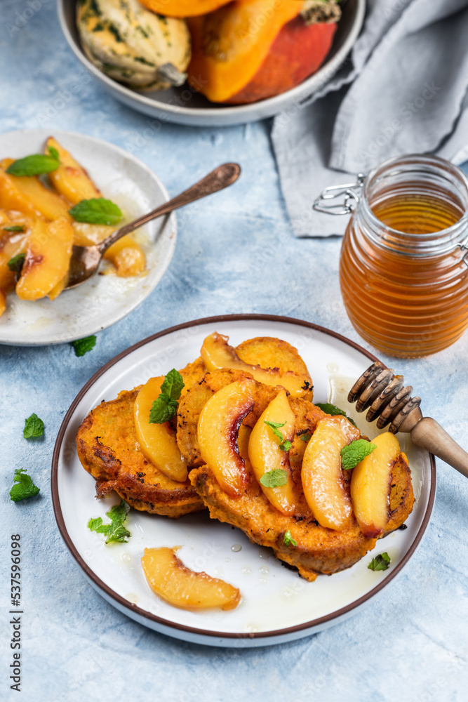 Toasted bread with pumpkin and apricot. Autumn seasonal healthy food recipe Toasted bread with pumpkin and apricot. Autumn seasonal healthy food recipe
