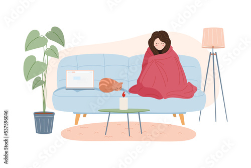 Girl in warm clothes and warms herself under a blanket. Cat lies. Cold temperature in the apartment. Saving energy resources. Crisis and economy concept. Vector illustration.