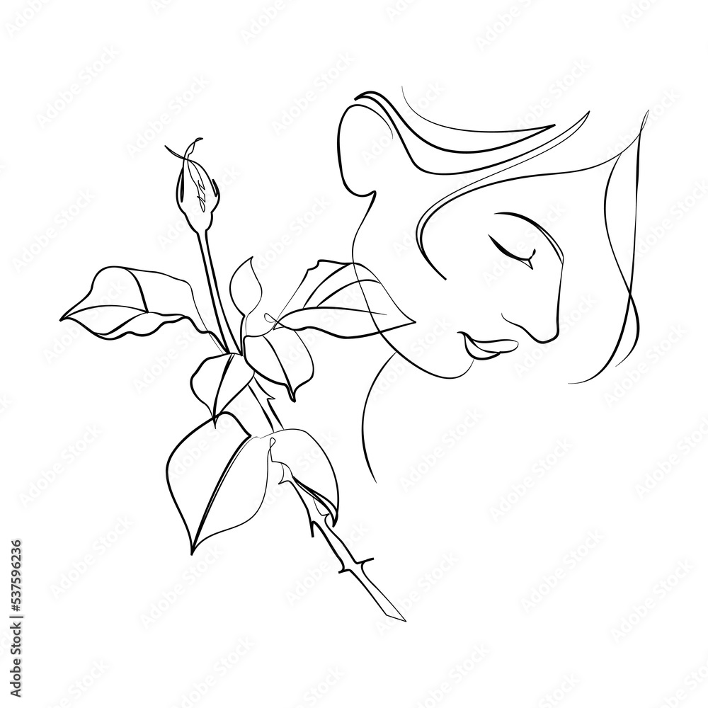 One line hand drawn vector art with beautiful woman face and flowers in ...