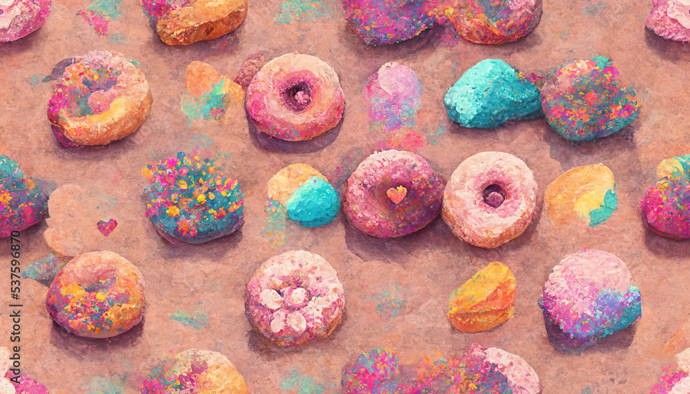 Donuts in rows of colors and tasty flavors. creative background of sweets and candies, colorful and delicious desserts