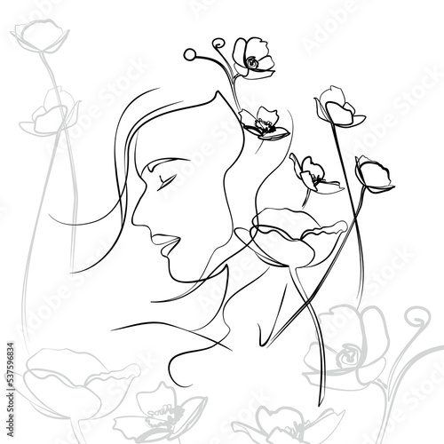 One line hand drawn vector art with beautiful woman face and flowers in elegant curve. Black isolated on white background. Modern simplistic design for fashion, wall art, print, tattoo, cover, card.