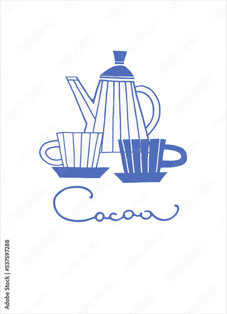Cup of hot cocoa with vapour smoke and hand lettered inscription. Thin line. Isolated on the white background Cup of hot cocoa with vapour smoke and hand lettered inscription. Thin line. Isolated on the white background