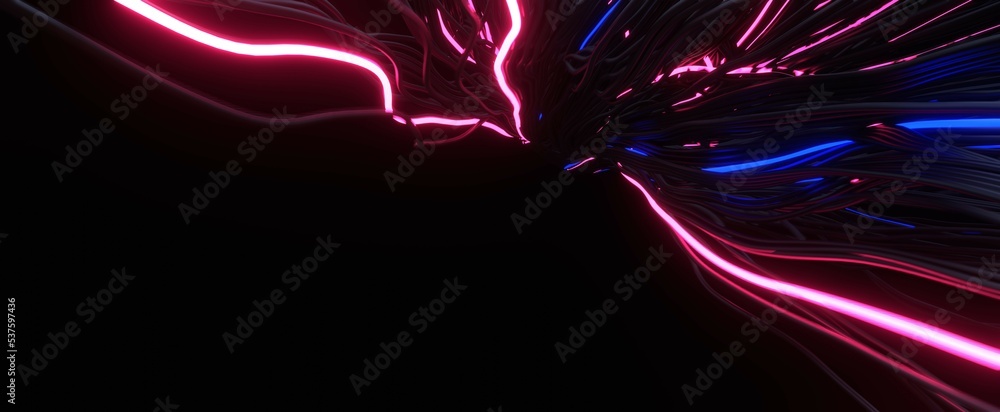 Obraz premium Plexus of glowing neon wires background. Red energy flows through wires with 3d render purple purple electrical flares. Dynamic blue fiber optic pulses with virtual cyber reality lines