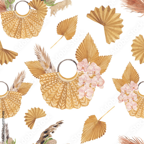 Exotic tropical seamless pattern with dry palm leaves, decorative elements, fashion bags and flowers. Watercolor jungle aesthetic flowers and leafs. Boho wedding bouquet