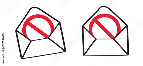 Stop, no advertising. No ads sign. Red circle background. Advertisement prohibited sign. Digital security concept. No spam or junk email. Cartoon e mail or mailing. No Cookies. Envelope