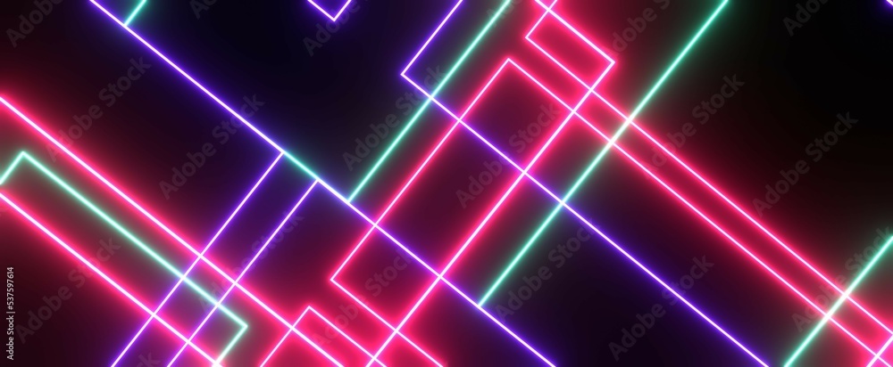 Techno tracery of laser neon lines background. Red beams intersecting in 3d render cyber futuristic dark space. Interweaving of green and purple electrical stripes in geometric random techno dance