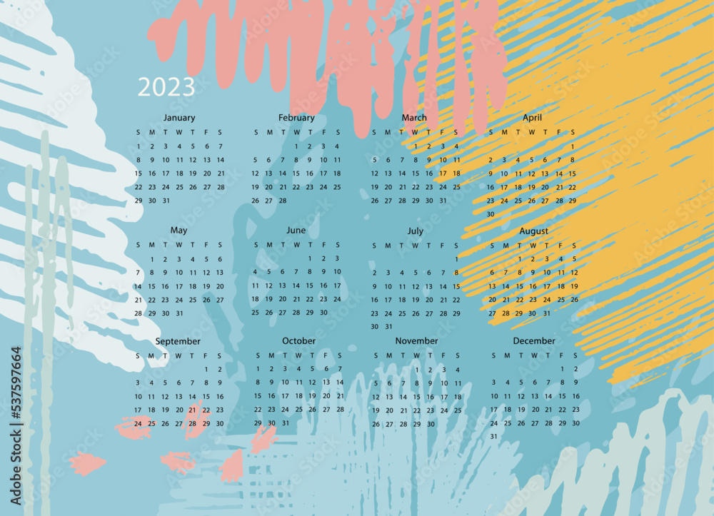 Calendar vector template for year 2023 on colorful pencil stroke background