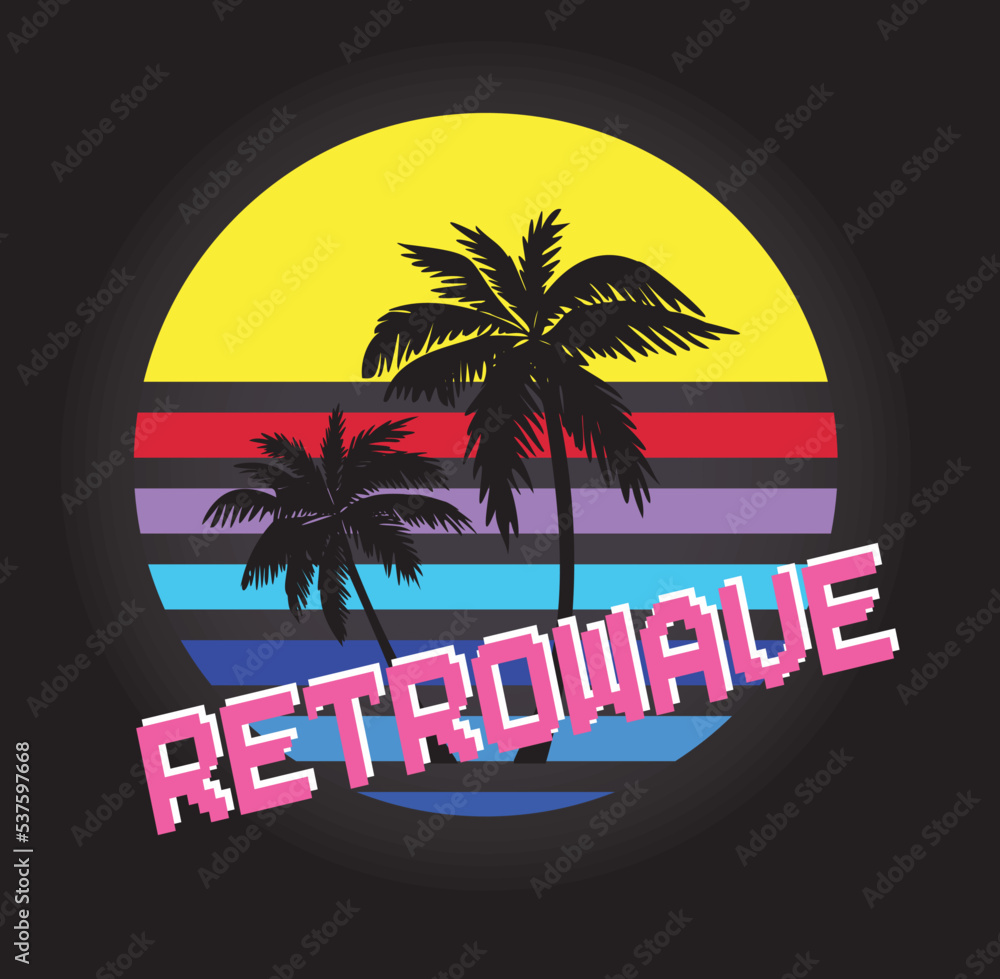 retrowave style illustration with coconut palm trees against the gradient sunset
