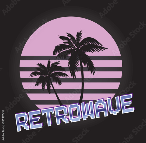 Retrowave illustration of palm trees against the purple 1980's sunset vector icon
