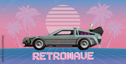Side view of a sci-fi race car on a green retro-futuristic 80's glowing vaporwave cyberpunk grid background with sunset and palm trees, copy space 