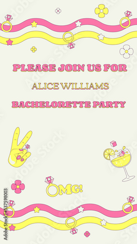 Bachelorette Party Invitation Template in Retro Groove Style Bridal Shower Invitation Vertical Background