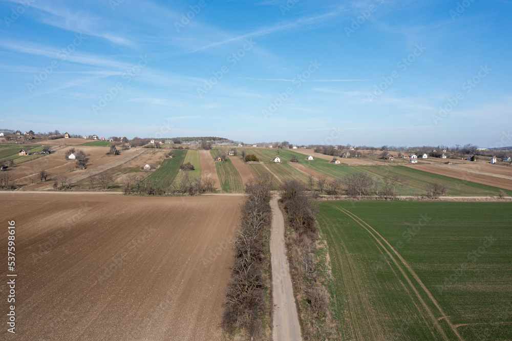 Drone view of countryside fields