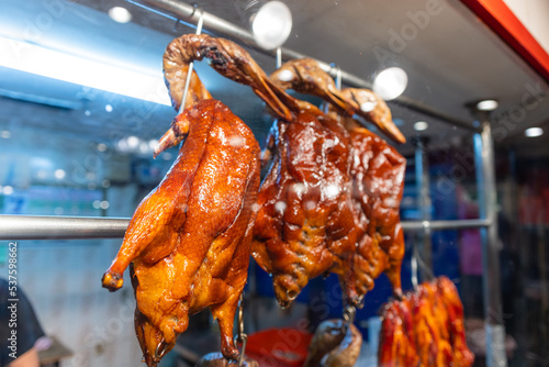 Photography Chinese restaurant traditional gourmet roast goose hanging up in the kitchen